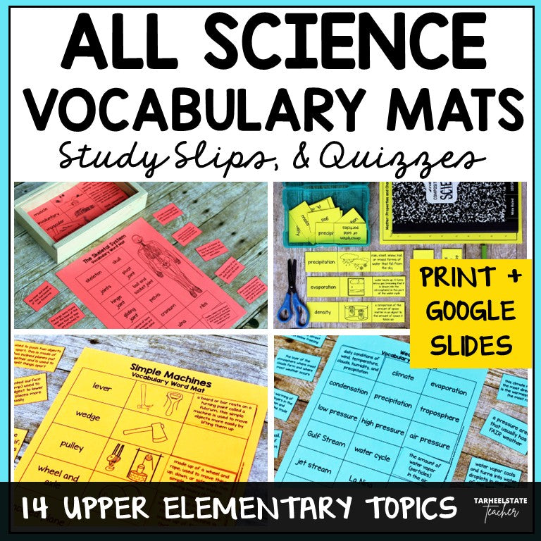 Science Vocabulary Activities Mats, Study Slips, & Quizzes for Test Prep