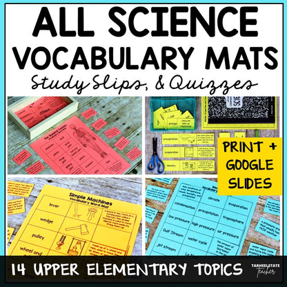 Science Vocabulary Activities Mats, Study Slips, & Quizzes for Test Prep