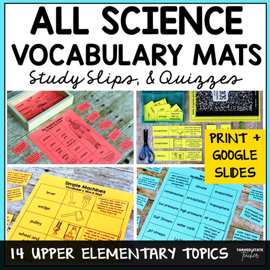 Science Vocabulary Activities Mats, Study Slips, & Quizzes for Test Prep