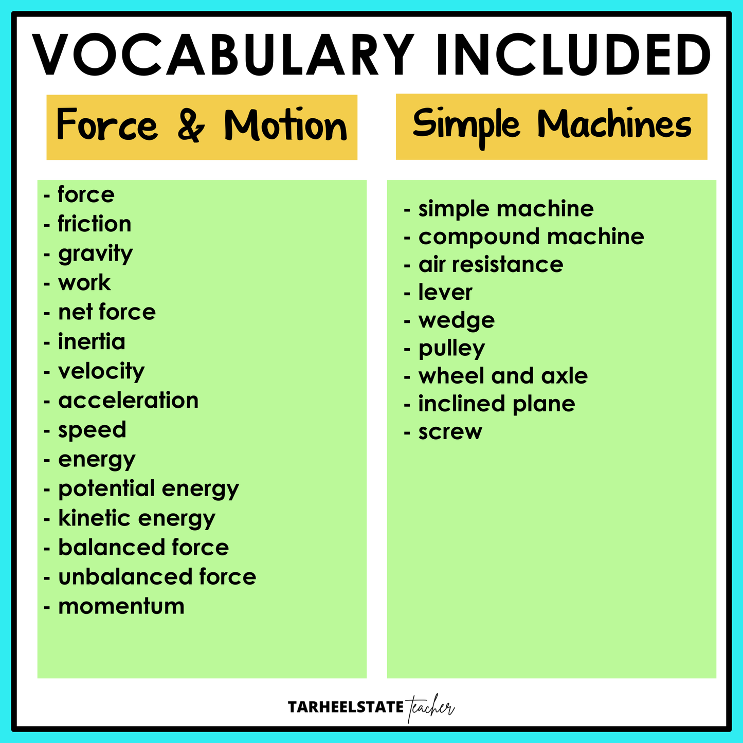Vocabulary list for Force & Motion and Simple Machines