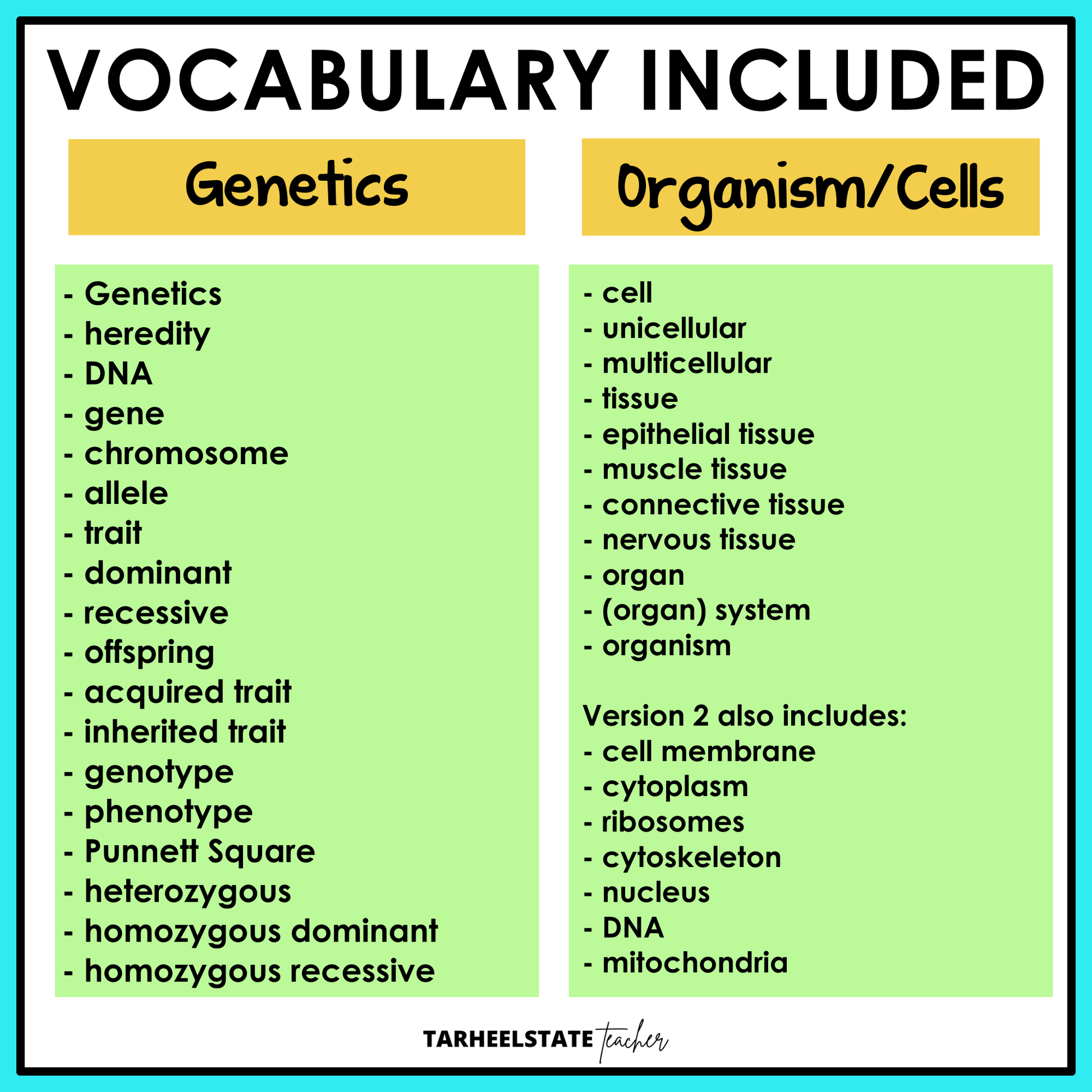 Vocabulary list for genetics and organisms/cells