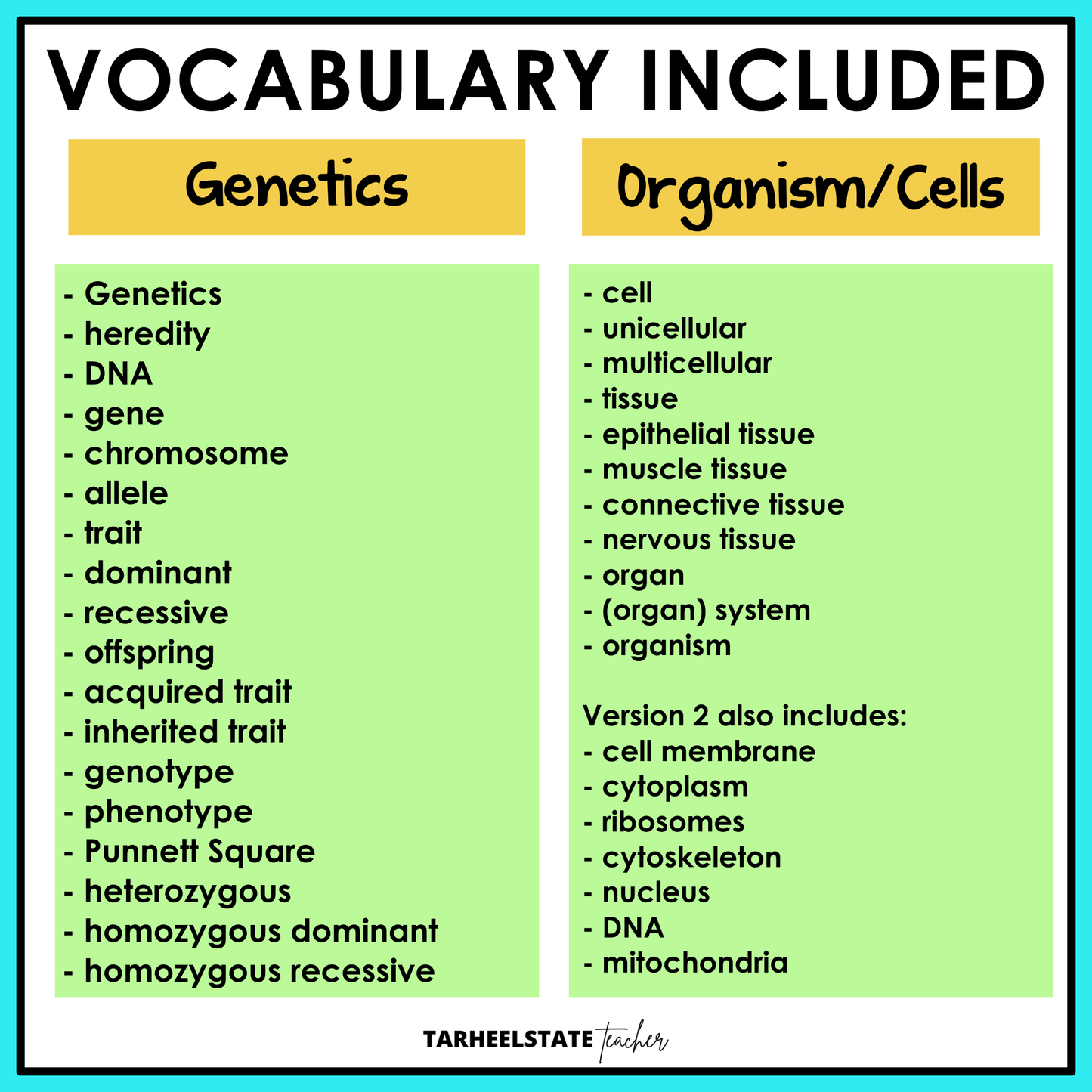 Vocabulary list for genetics and organisms/cells