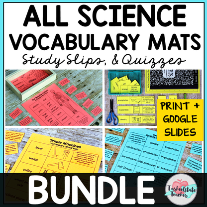Collection of science vocabulary activities in print and google slides for all upper elementary science topics