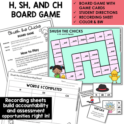 Shush the Chicks board game, game cards, and recording sheet for H and digraphs SH and CH