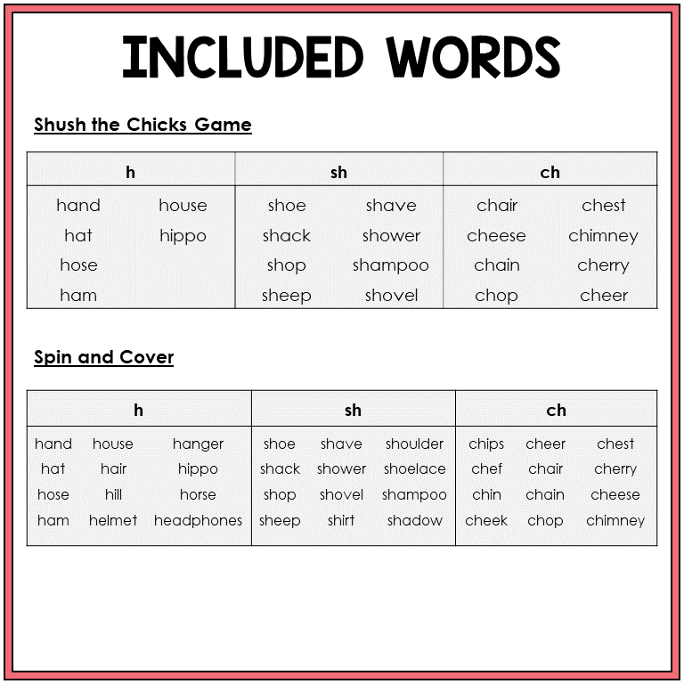 Word list for H and digraphs SH and CH games, Sort 21