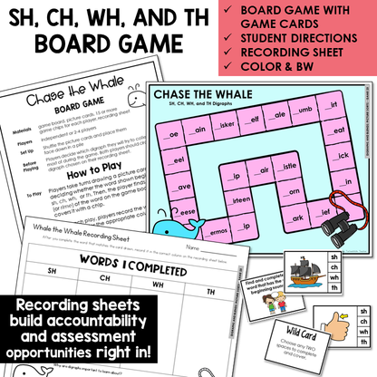 Chase the Whale board game, game cards, and recording sheet for digraphs SH, CH, WH, and TH