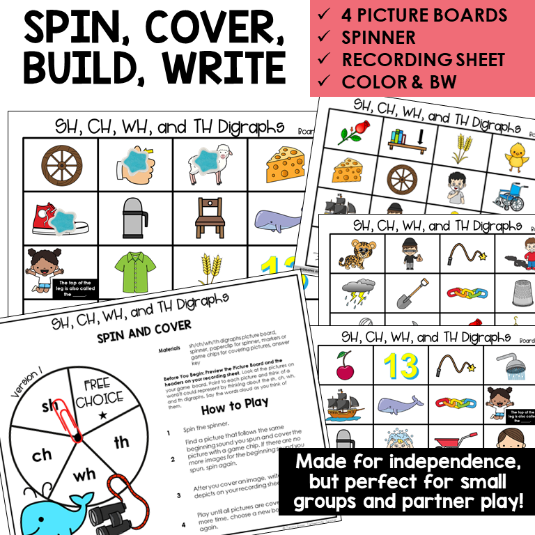 Spin and Cover picture boards and spinner for digraphs SH, CH, WH, and TH