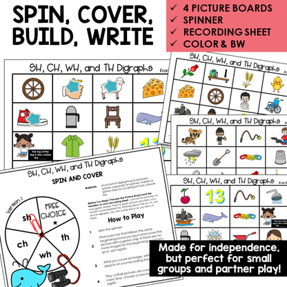 Spin and Cover picture boards and spinner for digraphs SH, CH, WH, and TH