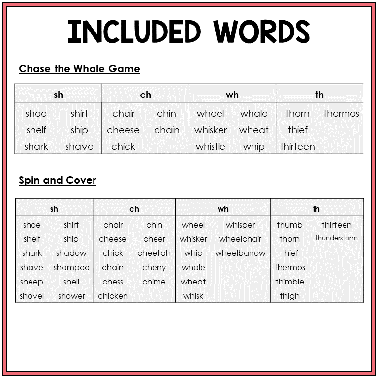 Word list for digraphs SH, CH, WH, and TH games, Sort 23