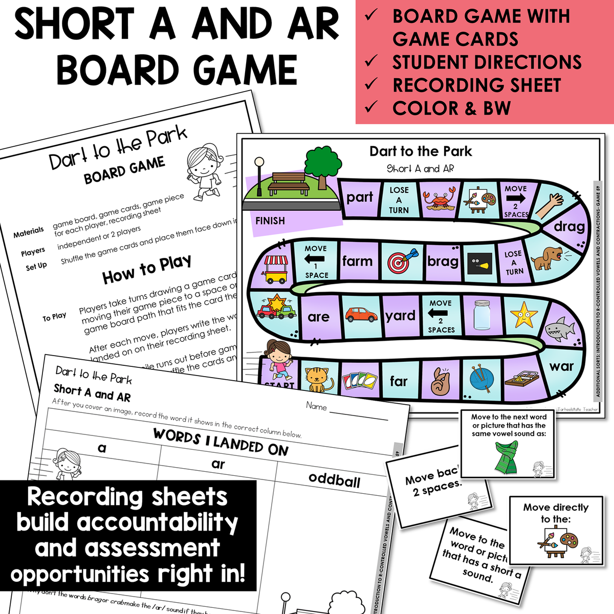 Dart to the Park board game, game cards, and recording sheet for Short A and AR words