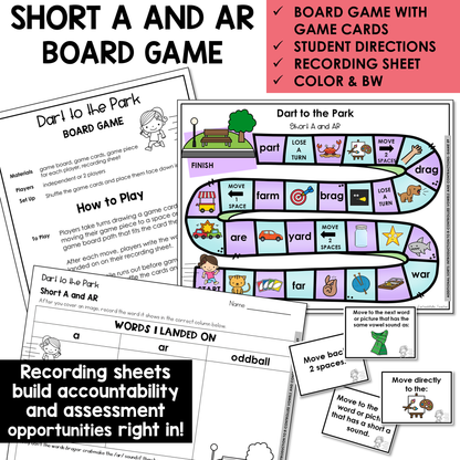 Dart to the Park board game, game cards, and recording sheet for Short A and AR words