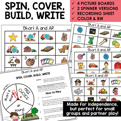 Spin, Cover, Build, Write picture boards and spinners for Short A and AR words