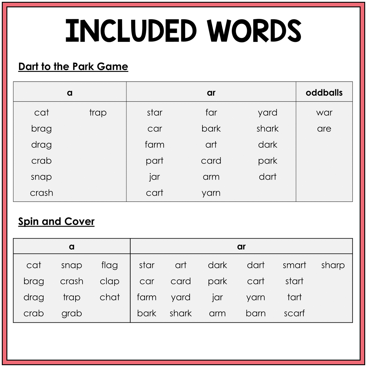 Word list for Short A and AR R-controlled vowel games, Sort 59