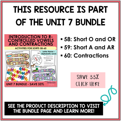 Letter Name Unit 7 R-controlled vowels and contractions bundle contents