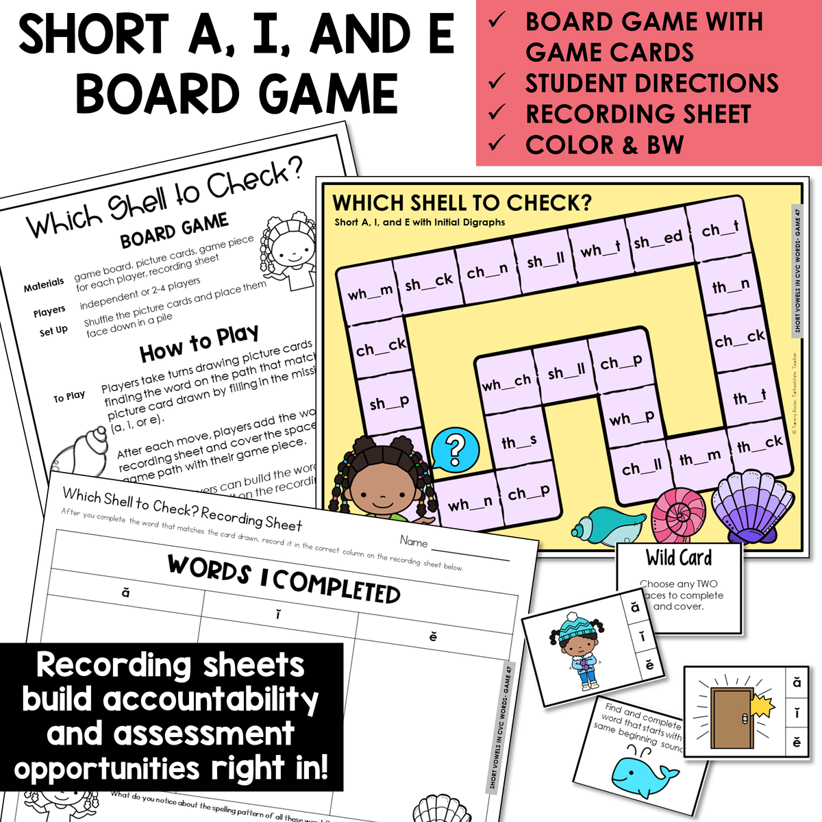 Which Shell to Check? board game, game cards, and recording sheet for Short A, I, and E words with initial digraphs
