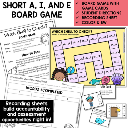 Which Shell to Check? board game, game cards, and recording sheet for Short A, I, and E words with initial digraphs