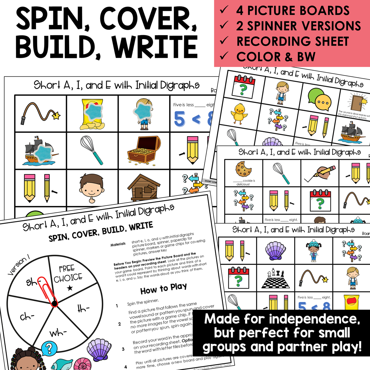 Spin, Cover, Build, Write picture boards and spinners for Short A, I, and E words with initial digraphs