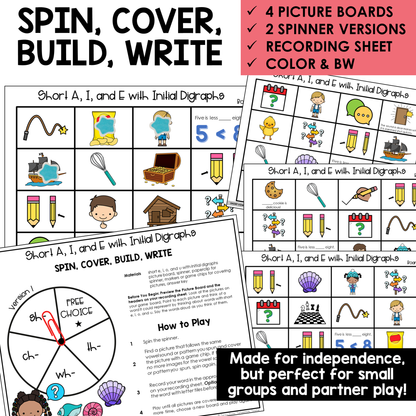 Spin, Cover, Build, Write picture boards and spinners for Short A, I, and E words with initial digraphs