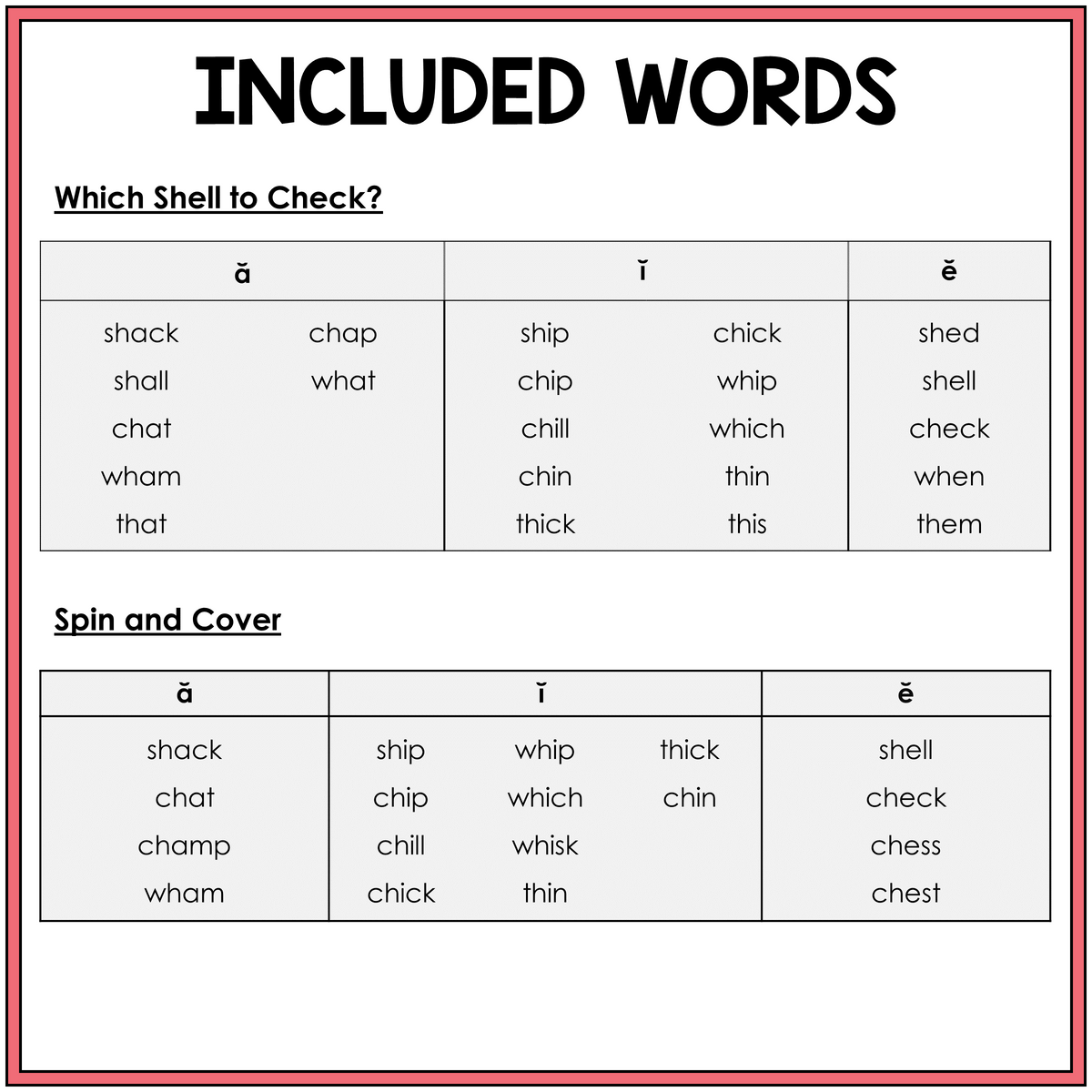 Word list for Short A, I, and E initial digraph games, Sort 47