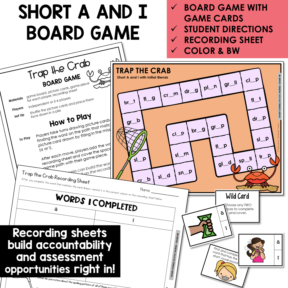 Trap the Crab board game, game cards, and recording sheet for Short A and Short I words with initial blends