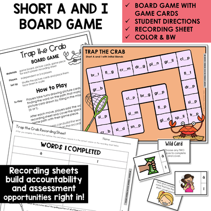 Trap the Crab board game, game cards, and recording sheet for Short A and Short I words with initial blends