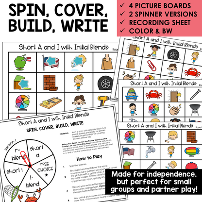 Spin, Cover, Build, Write picture boards and spinners for Short A and Short I words with initial blends