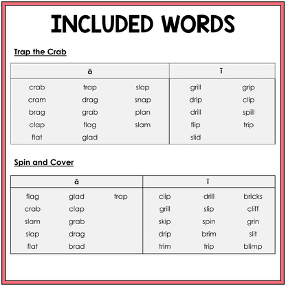 Word list for Short A and I initial blend games, Sort 48