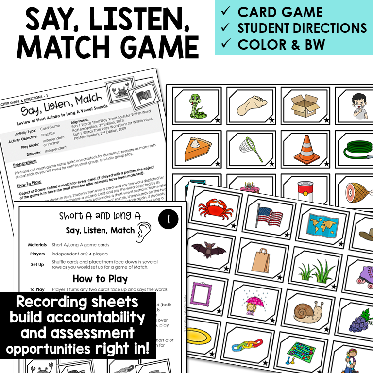 Say, Listen, Match picture card game for Short A and Long A
