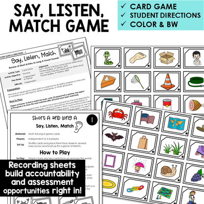 Say, Listen, Match picture card game for Short A and Long A