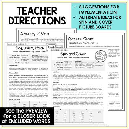 Teacher directions for Short A and Long A games