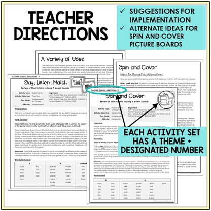 Teacher directions and ideas for Spin and Cover picture boards