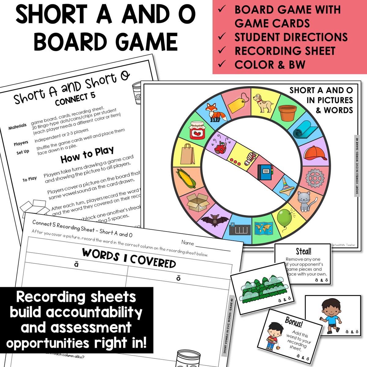 Connect 5 board game, game cards, and recording sheet for Short A and Short O CVC words