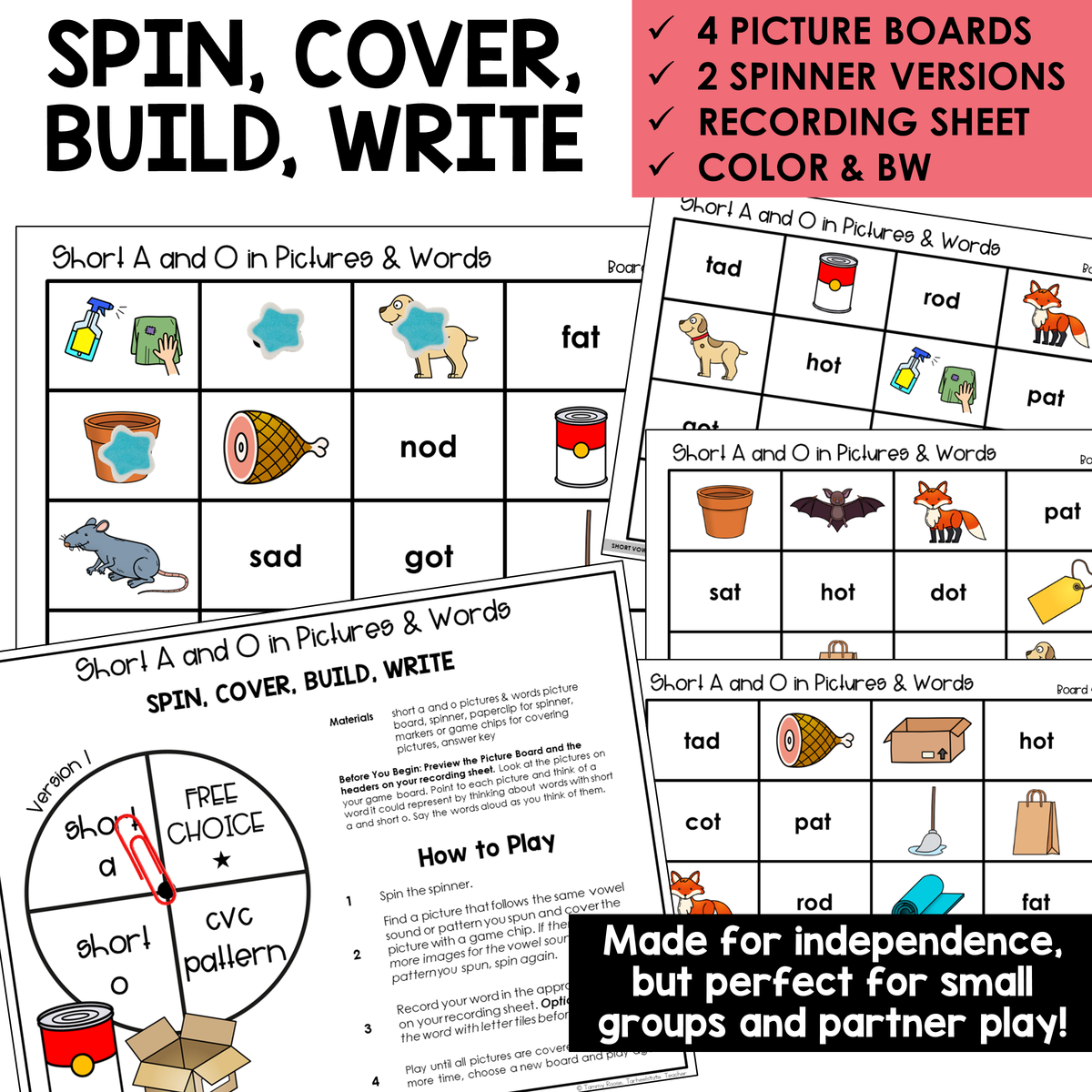 Spin, Cover, Build, Write picture boards and spinners for Short A and Short O CVC words