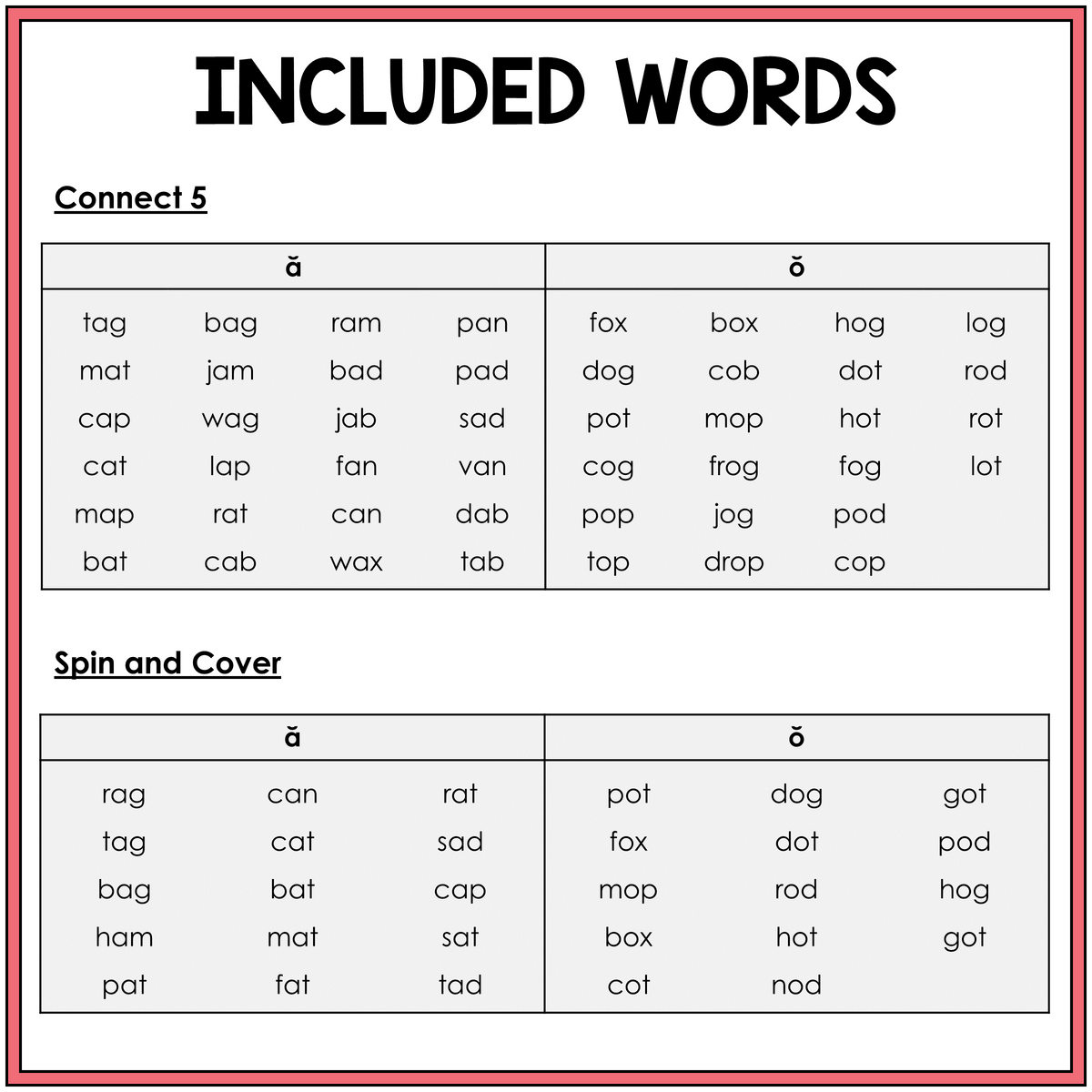 Word list for Short A and Short O CVC word games, Sort 40