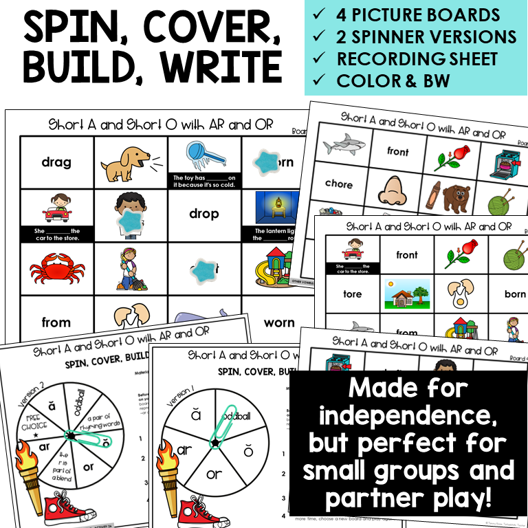 Spin, Cover, Build, Write picture boards for Short A, Short O, AR, and OR