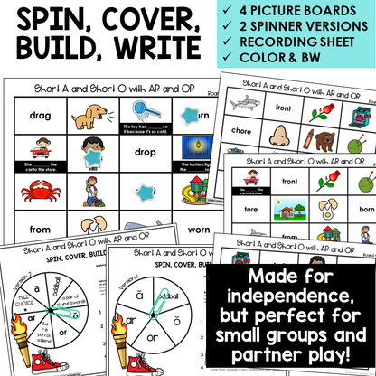 Spin, Cover, Build, Write picture boards for Short A, Short O, AR, and OR