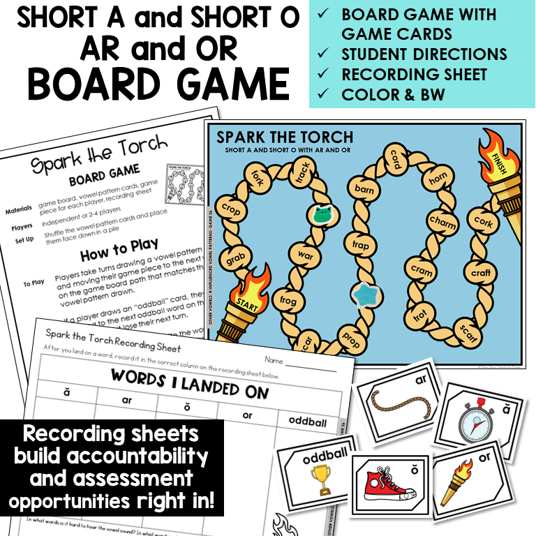 Short A, Short O, AR, and OR board game with word cards and recording sheet