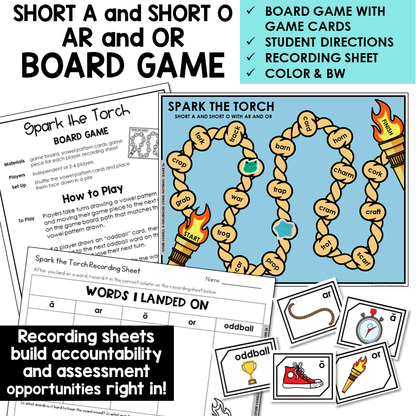 Short A, Short O, AR, and OR board game with word cards and recording sheet