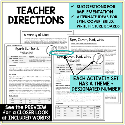 Teacher directions for Short A, Short O, AR, and OR games
