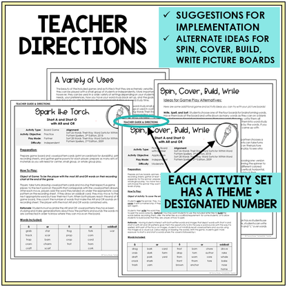 Teacher directions and ideas for Spin, Cover, Build, Write, Short A, Short O, AR, and OR