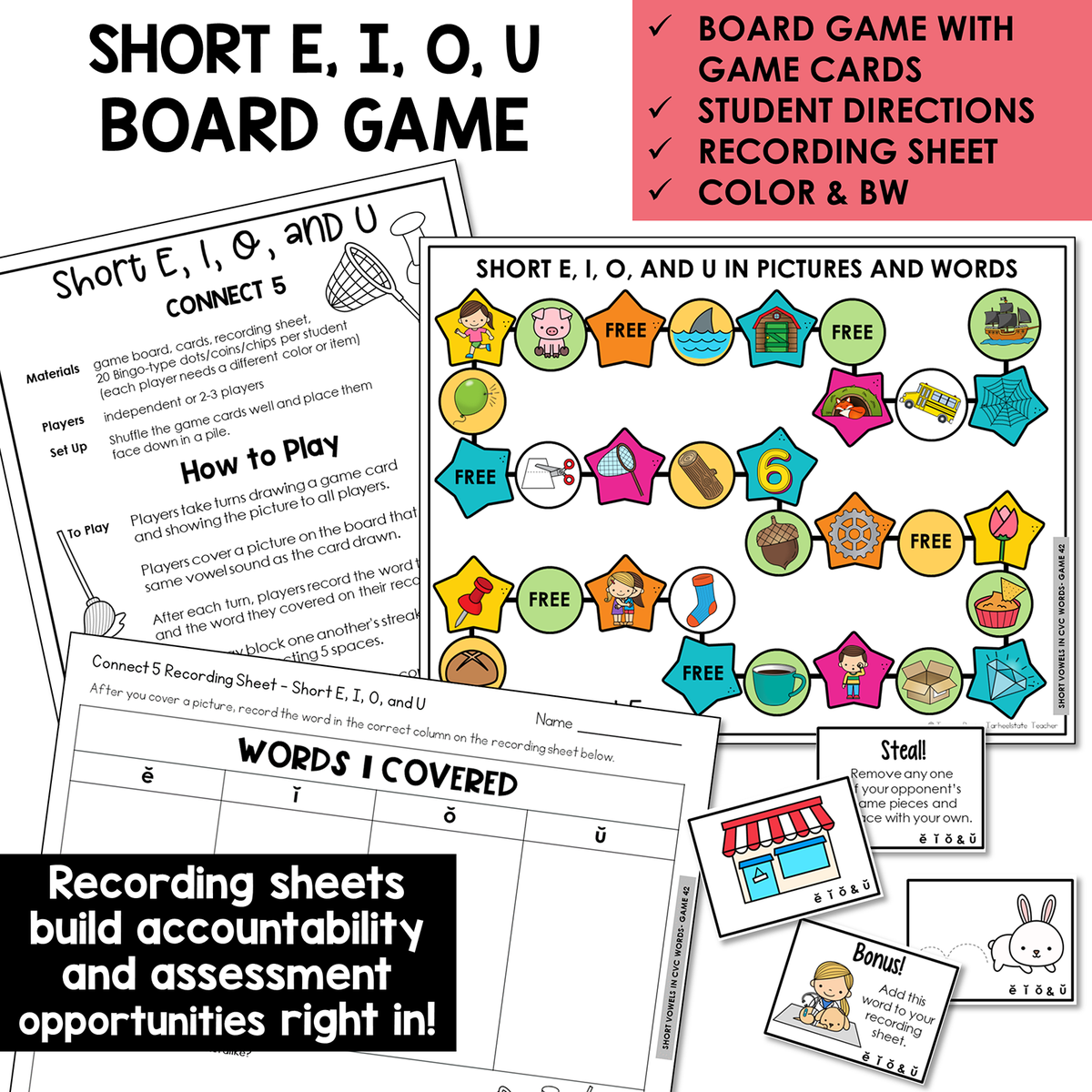 Connect 5 board game, game cards, and recording sheet for Short E, I, O, and U CVC words