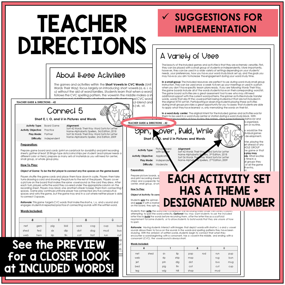 Teacher directions for Short E, I, O, and U CVC word games