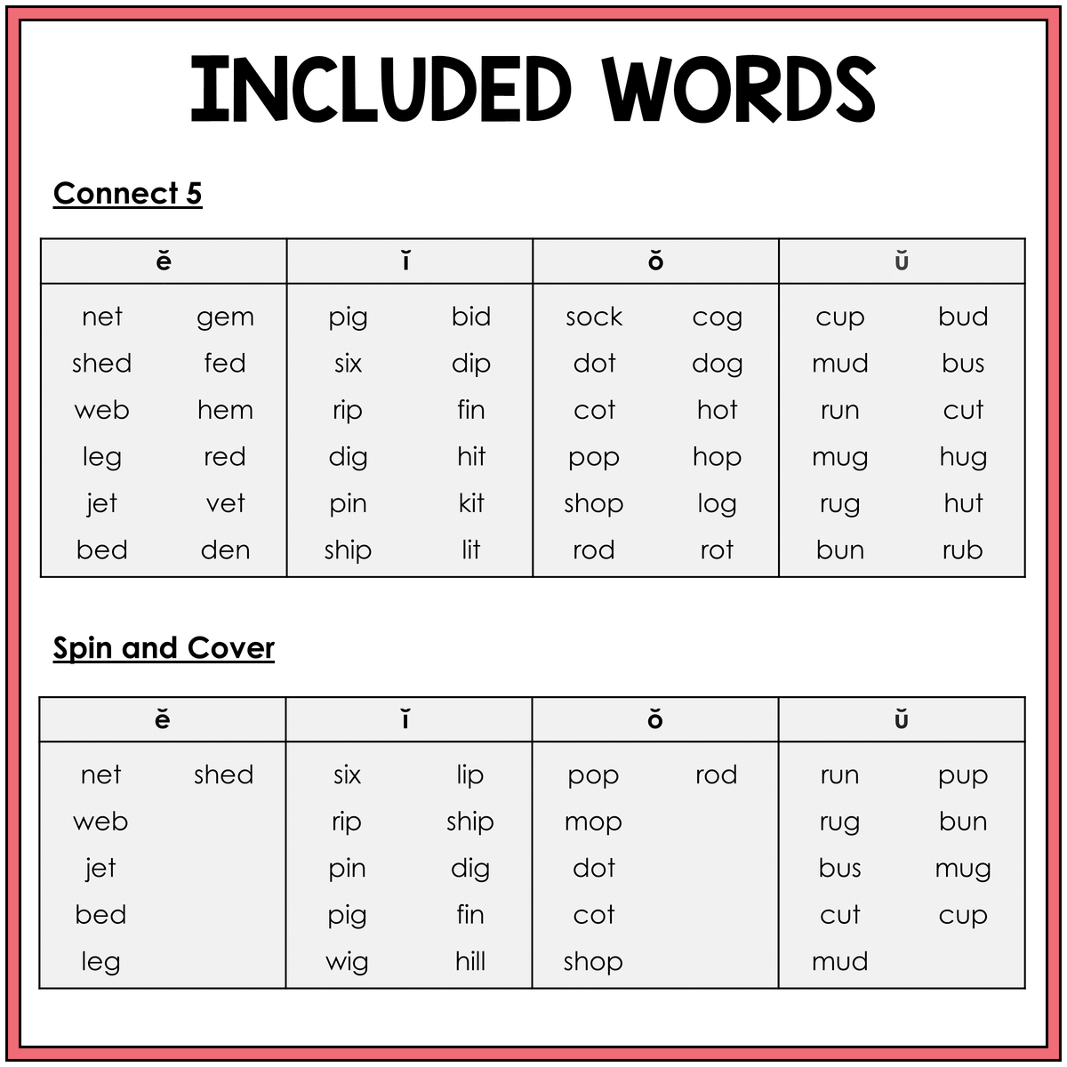 Word list for Short E, I, O, and U CVC word games, Sort 42