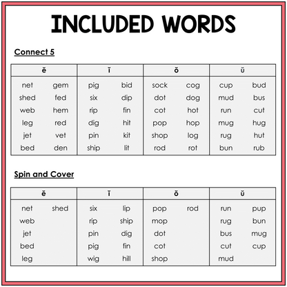 Word list for Short E, I, O, and U CVC word games, Sort 42