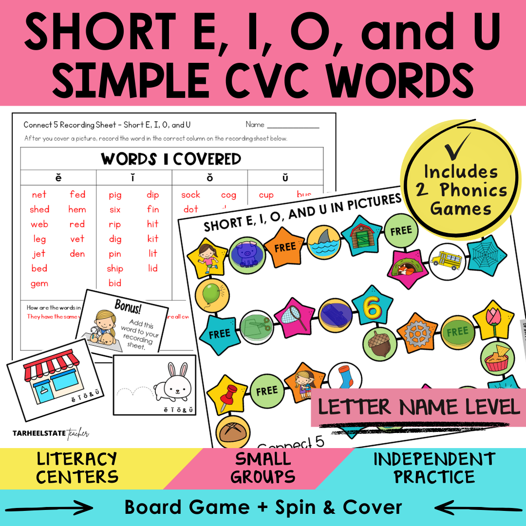 Short E, I, O, and U Simple CVC Words Sort 42 Letter Name Games cover
