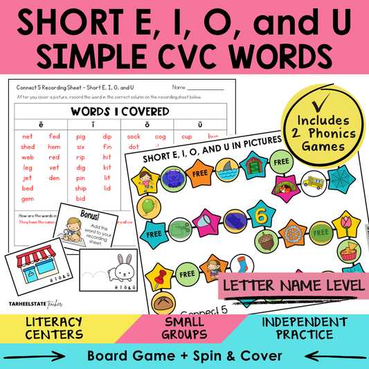 Short E, I, O, and U Simple CVC Words Sort 42 Letter Name Games cover