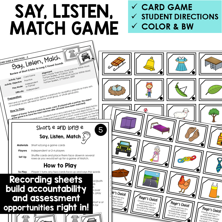 Say, Listen, Match picture card game for Short E and Long E