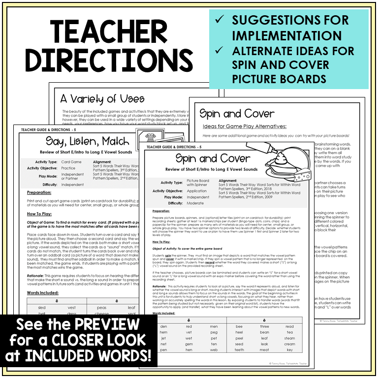 Teacher directions for Short E and Long E games
