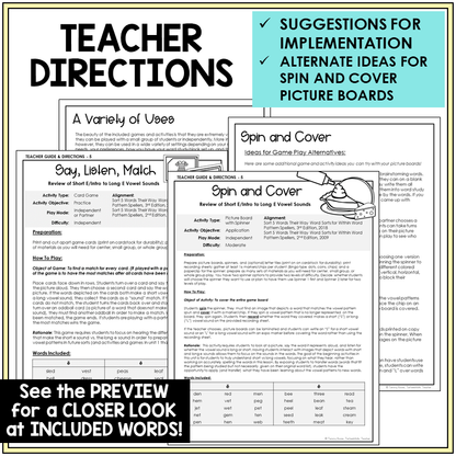Teacher directions for Short E and Long E games
