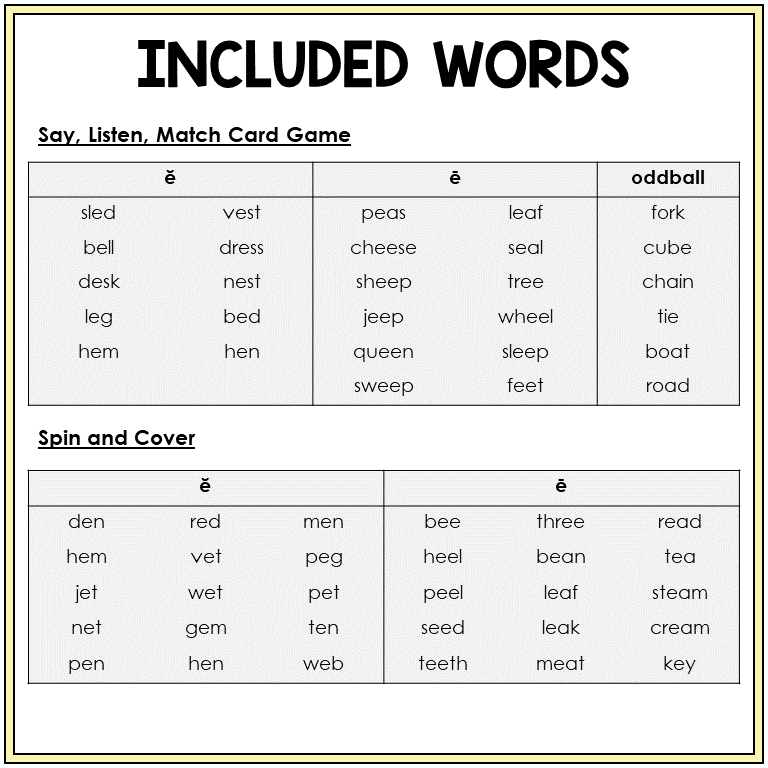 Picture word list for Short E and Long E games, Sort 5